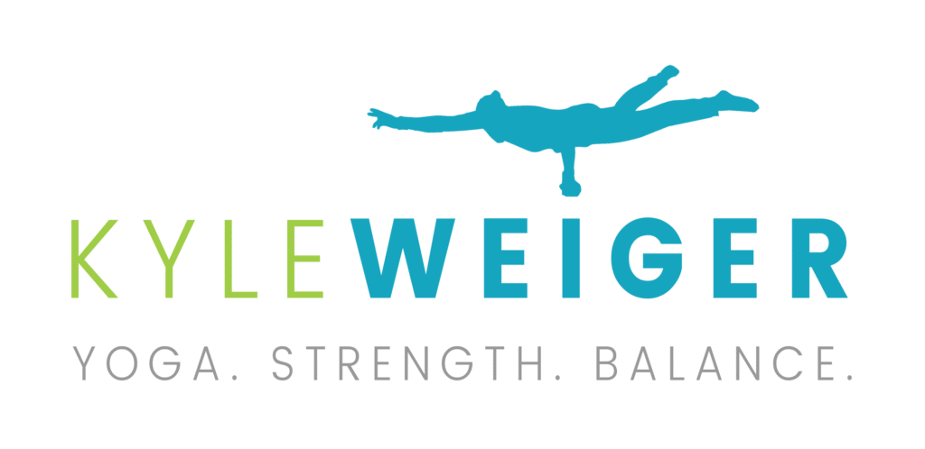 Transparent Logo of Coach Kyle Weiger with a graphic of him doing a One Hand Peacock yoga pose
