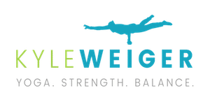 Transparent Logo of Coach Kyle Weiger with a graphic of him doing a One Hand Peacock yoga pose