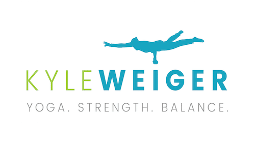 Logo of Coach Kyle Weiger with a graphic of him doing a One Hand Peacock yoga pose