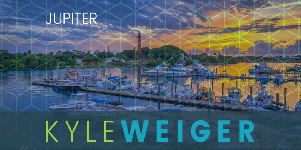 Handstand coach Kyle Weiger's Event Graphic Cover with Jupiter's sunset at the port photo and honeycomb pattern filter