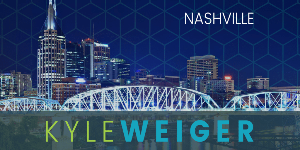 Coach Kyle Weiger's Event Graphic Cover with Nashville's city lights and bridge, and honeycomb pattern filter