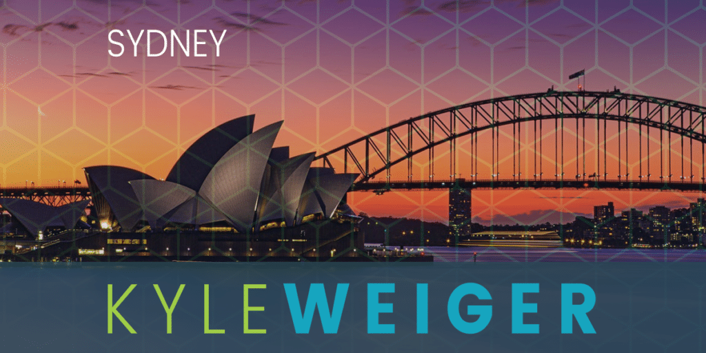 Coach Kyle Weiger's Event Graphic Cover with Sydney's city lights, opera house and bridge, and honeycomb pattern filter