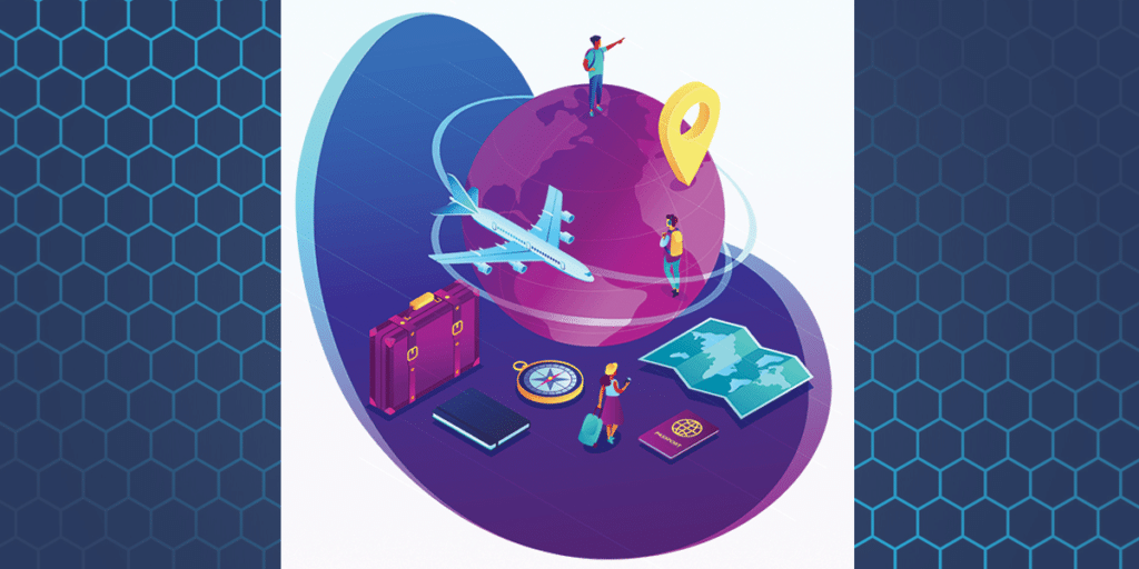 Infographic travel illustration of globe backpackers airplane bag, map, watch, passport and location icon