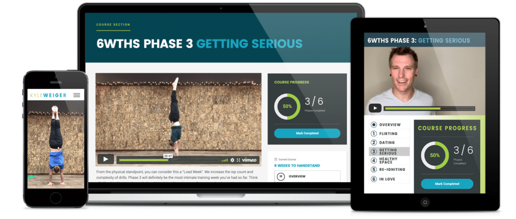 Different devices mobile laptop tablet mockup of Coach Kyle Weiger's Handstand App