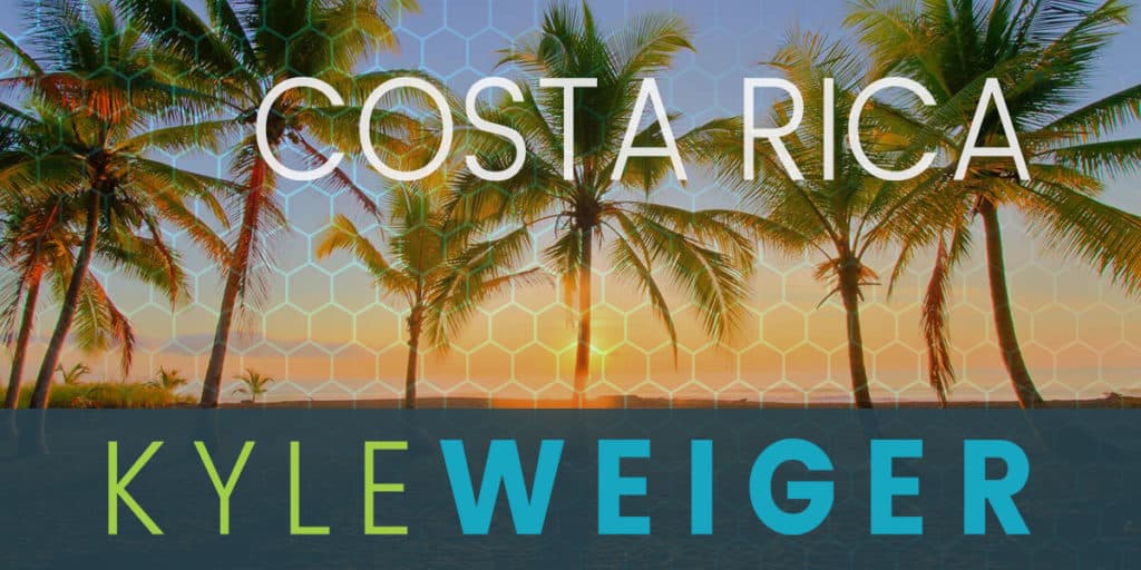 Handstand coach Kyle Weiger's event graphic cover saying 'Costa Rica' with sunset on a beach with palm trees