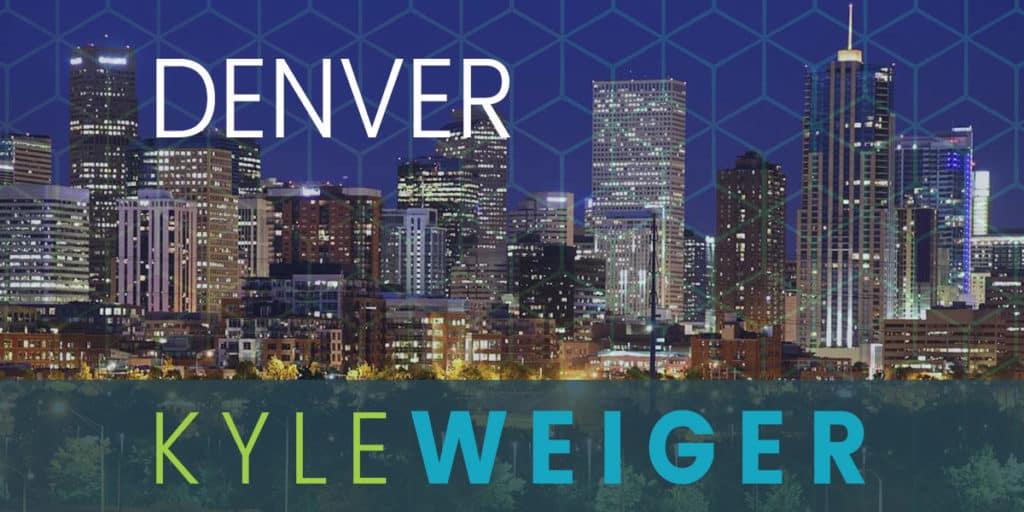 Coach Kyle Weiger's Event Graphic Cover with Denver's city lights and tall buildings and honeycomb pattern filter
