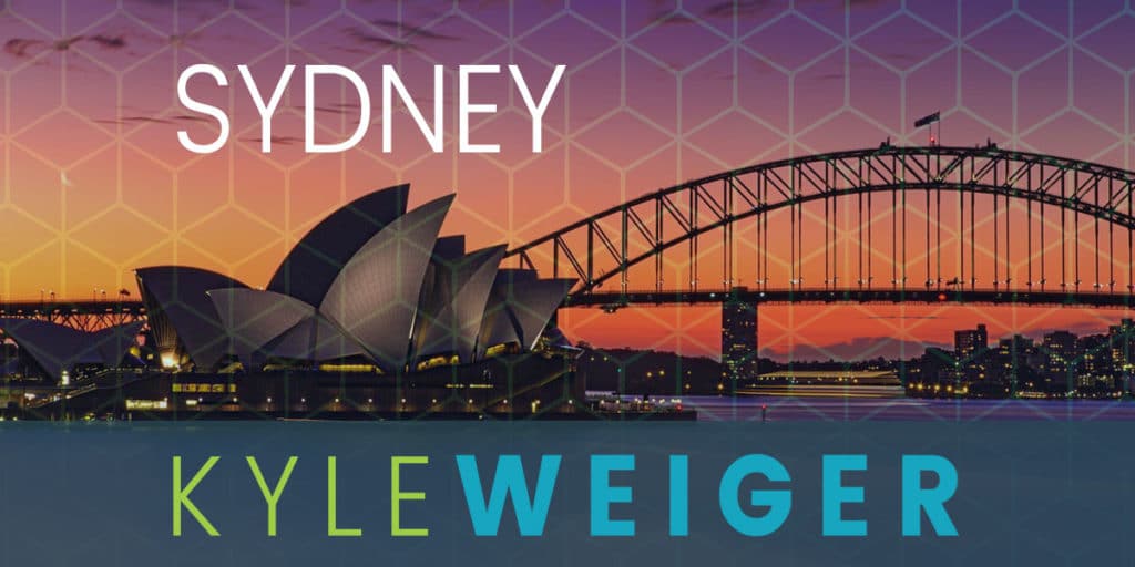 Coach Kyle Weiger's Event Graphic Cover with Sydney's city lights, opera house and bridge, and honeycomb pattern filter