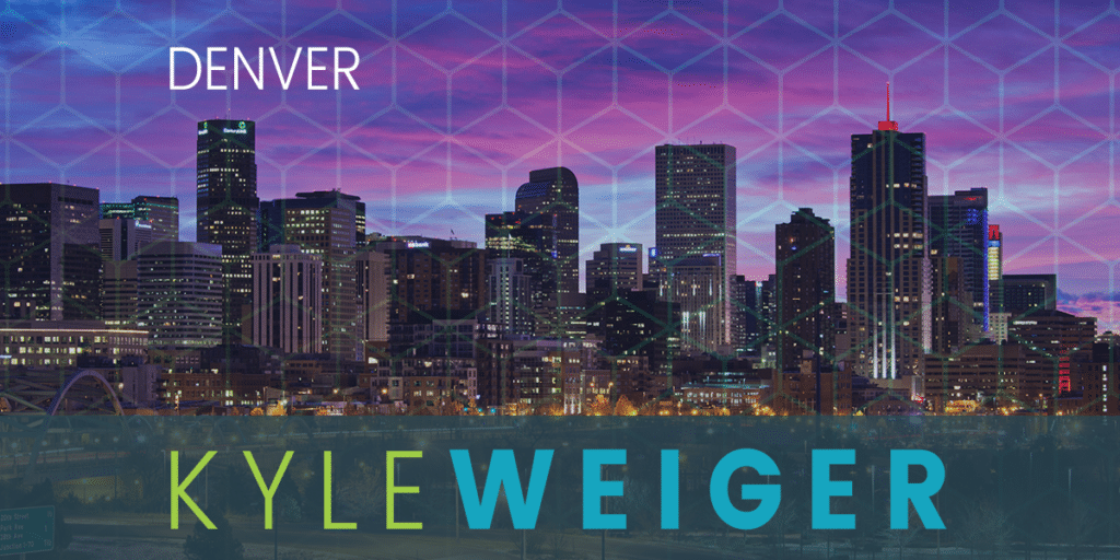 Coach Kyle Weiger's Event Graphic Cover with Denver's city lights and tall buildings and honeycomb pattern filter