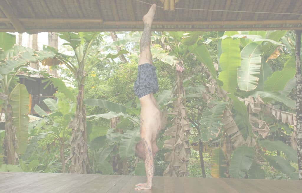 Coach Kyle Weiger doing a handstand on a wooden floor with a tropical background with white filter