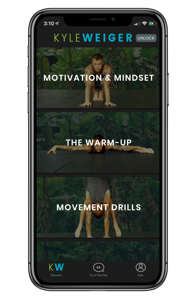 Iphone mock-up of coach Kyle Weiger's Handstand app showing motivation & mindset, warm-up, and movement drills sections
