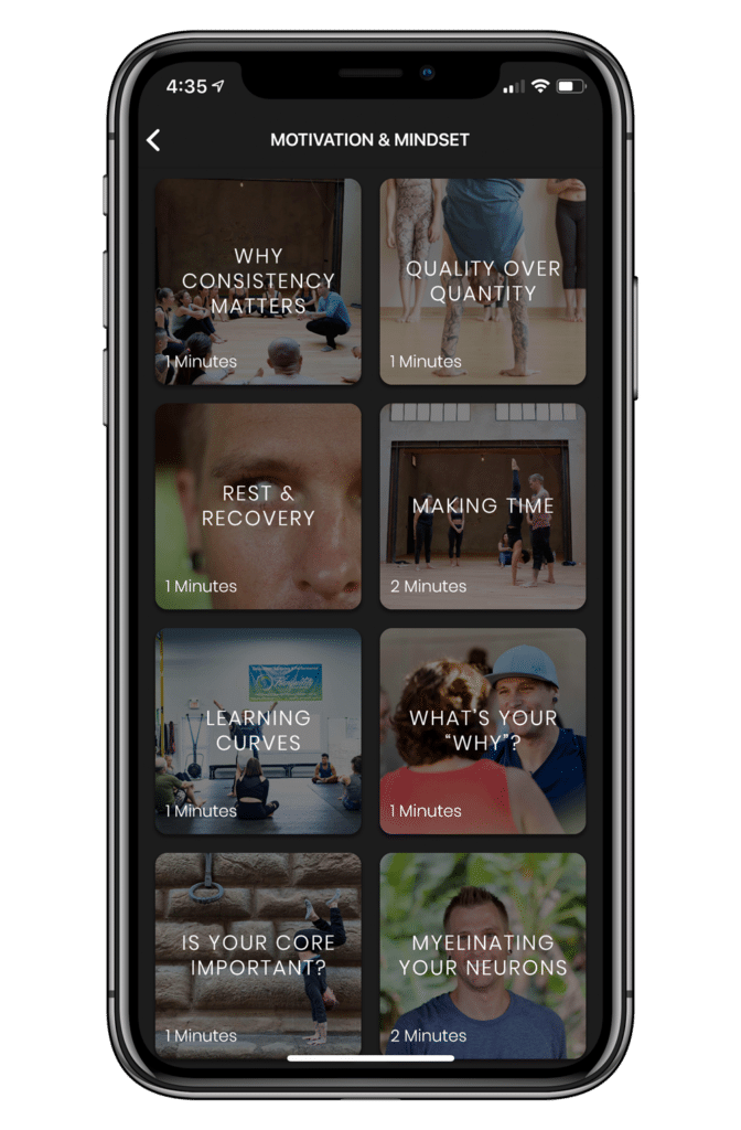 Iphone mock-up of coach Kyle Weiger's Handstand app showing classes inside the motivation & mindset section