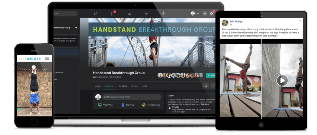 Coach Kyle Weiger's Facebook group mockup on different devices with a transparent background