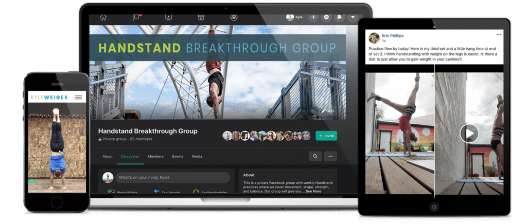 Coach Kyle Weiger's Facebook group mockup on different devices with a transparent background