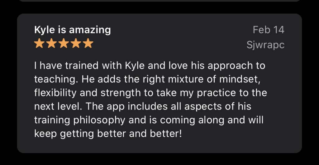 'Kyle is amazing' positive review on coach Kyle Weiger's Handstanding App