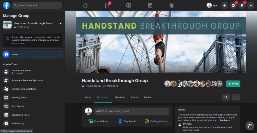 Coach Kyle Weiger's Handstand Breakthrough Facebook Group Page