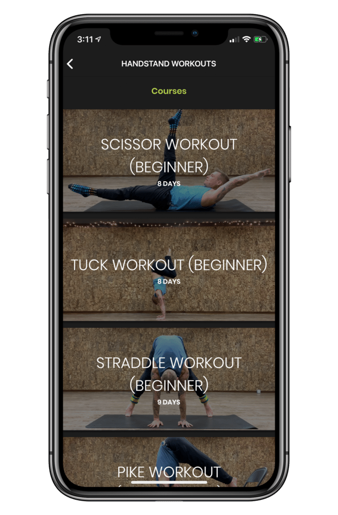 Mockup of Handstand Workouts on coach Kyle Weiger's Handstanding Course App
