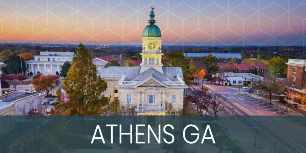 Athens Georgia dusk time and city hall front view with honeycomb-patterned filter