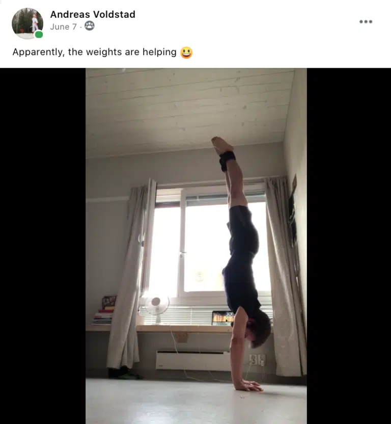 Social media post of Andreas Voldstad giving positive feedback to coach Kyle Weigers course with handstand photo