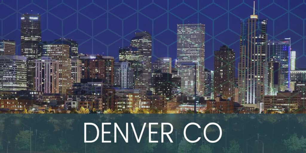 Denver Colorado night city lights and buildings with honeycomb-patterned filter