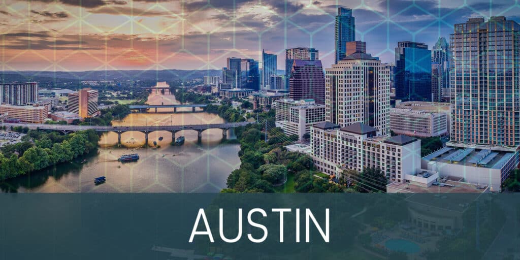 Austin Texas City sunset view with bridges in the middle and honeycomb patterned filter