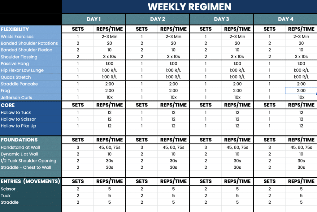 Weekly Regimen Table with Exercises and Days